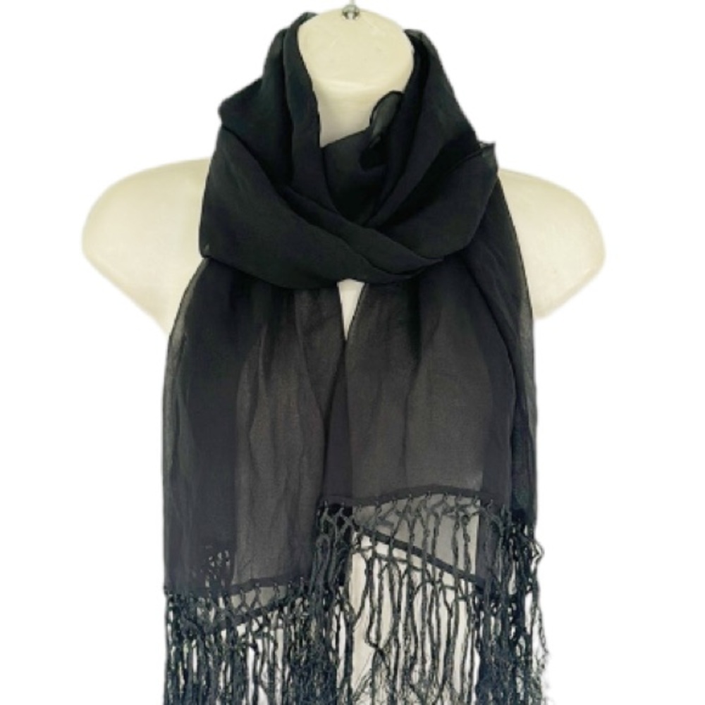 Black lightweight semi-sheer tassel trim long neck scarf one size